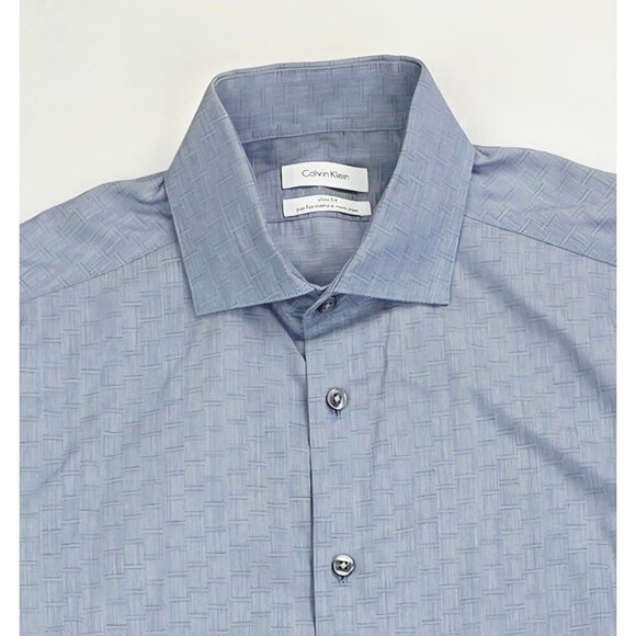 Calvin Klein Performance Size 15.5 34/35 Mens Slim Fit Non Iron Gray Blue Check - Picture 1 of 11